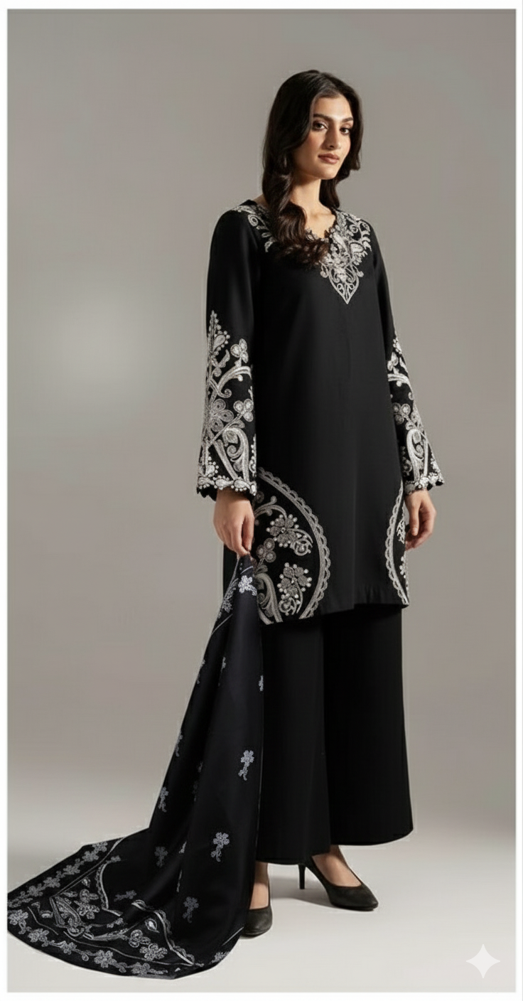 IZEL BLACK EMBROIDERED KHADDAR UNSTICHED 3pc