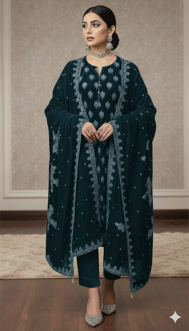 Maria B Luxury Embroidered Micro Velvet Unstiched 3pc Dark Zinc (SL-5055)