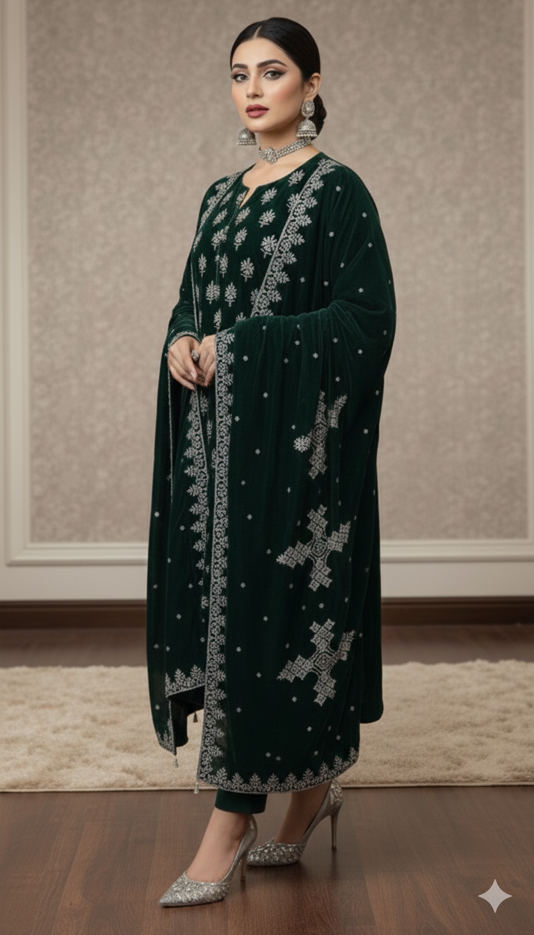 Maria B Luxury Embroidered Micro Velvet Unstiched 3pc Dark Green (SL-4055)