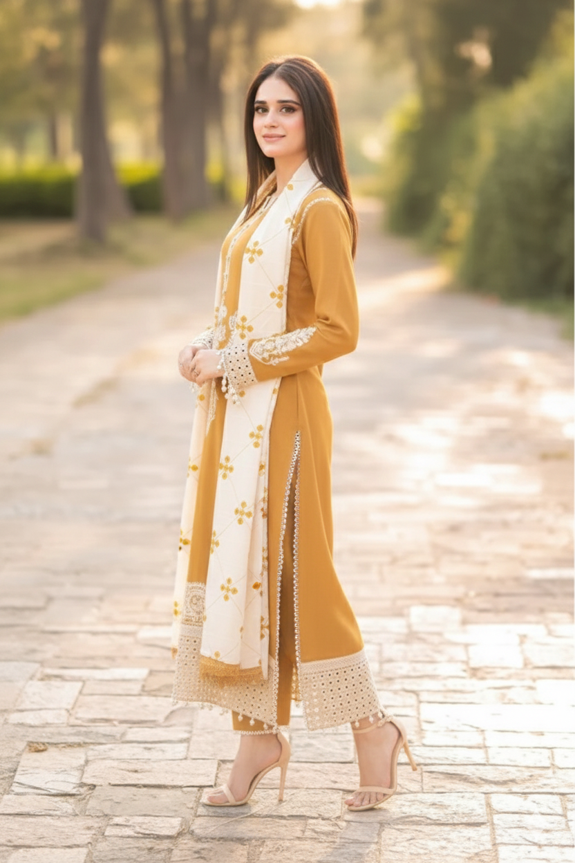 JAZMINE EMBROIDERED DHANAK UNSTICHED 3pc WITH EMBROIDERED SHAWL
