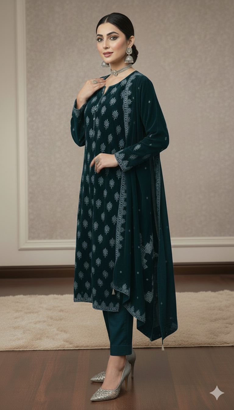 Maria B Luxury Embroidered Micro Velvet Unstiched 3pc Dark Zinc (SL-5055)