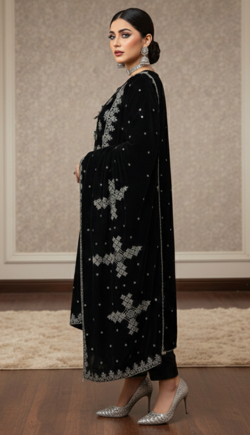 Maria B Luxury Embroidered Micro Velvet Unstiched 3pc Black (SL-2055)