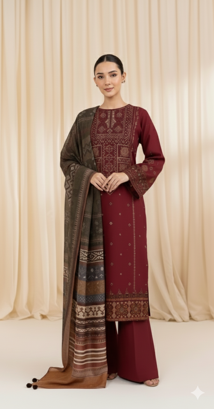 SAPHIRE-EMBROIDERED DHANAK 3pc Unstiched