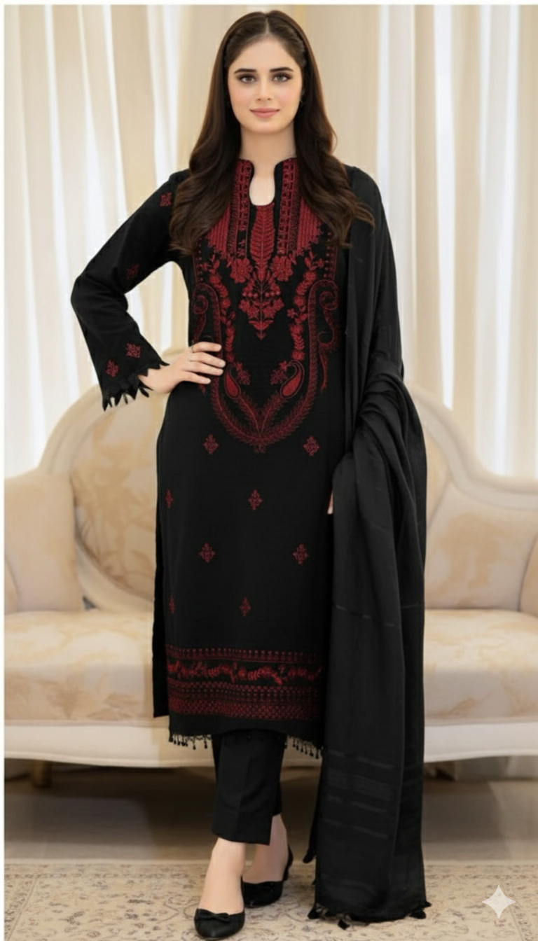 Libas Black HEAVY EMBROIDERED DHANAK UNSTICHED 3pc (SL-6213)