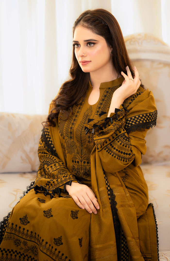 Libas Mustard Embroidered Dhanak Unstiched 3pc WITH EMBROIDERED DHANAK SHAWL (SL-1155)