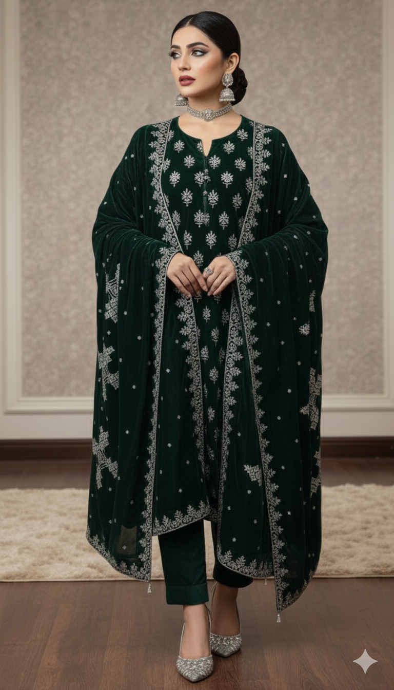 Maria B Luxury Embroidered Micro Velvet Unstiched 3pc Dark Green (SL-4055)