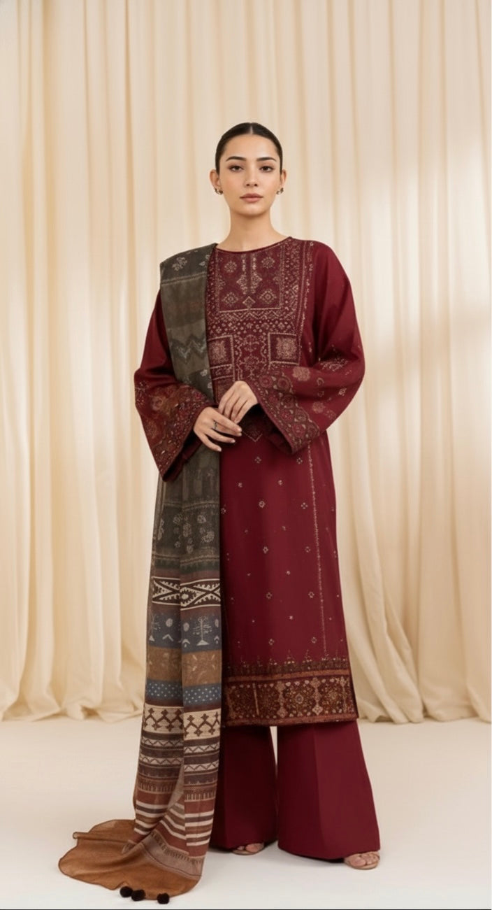 SAPHIRE-EMBROIDERED DHANAK 3pc Unstiched