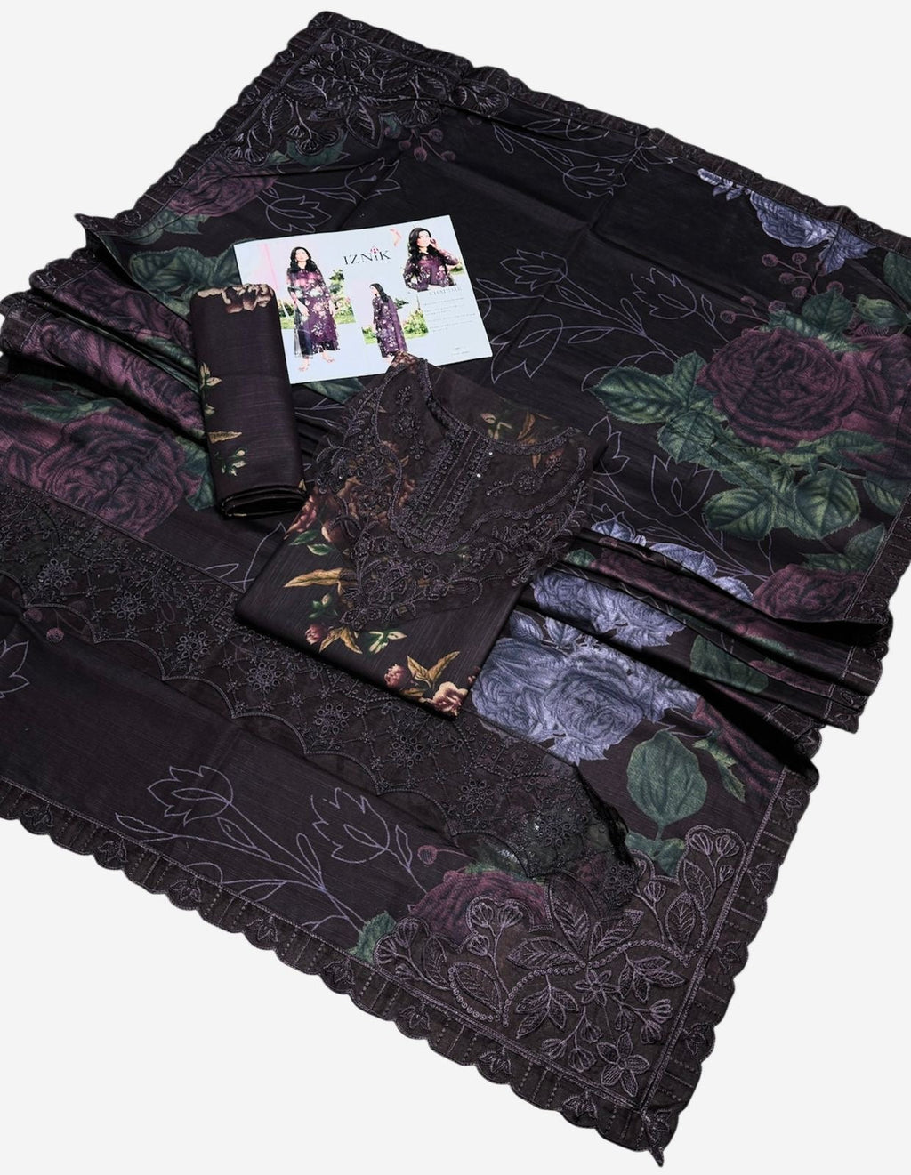 IZNIK BURGUNDY UNSTICHED KHADDAR PRINTED EMBROIDERED 3pc (SL-9055)