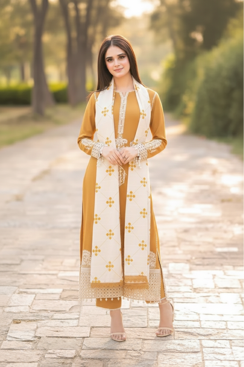JAZMINE EMBROIDERED DHANAK UNSTICHED 3pc WITH EMBROIDERED SHAWL