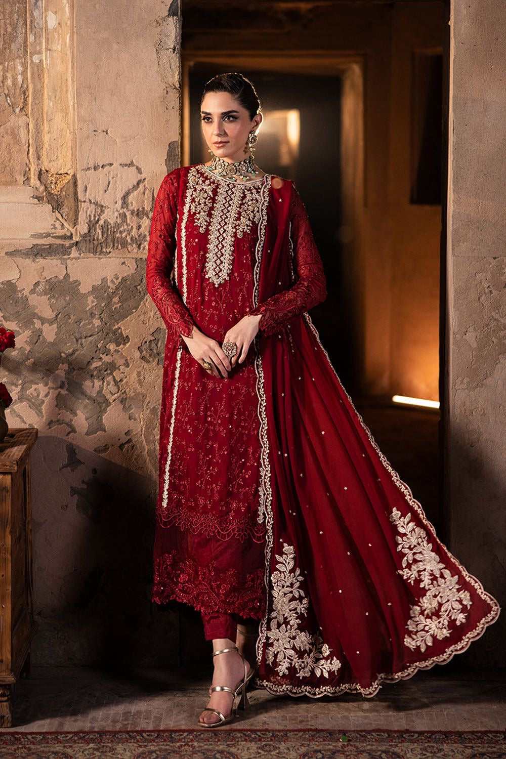 Royal Crimson By Azure -Handemblish Formal Red Chiffon Unstiched Party Wear (SL-12256)