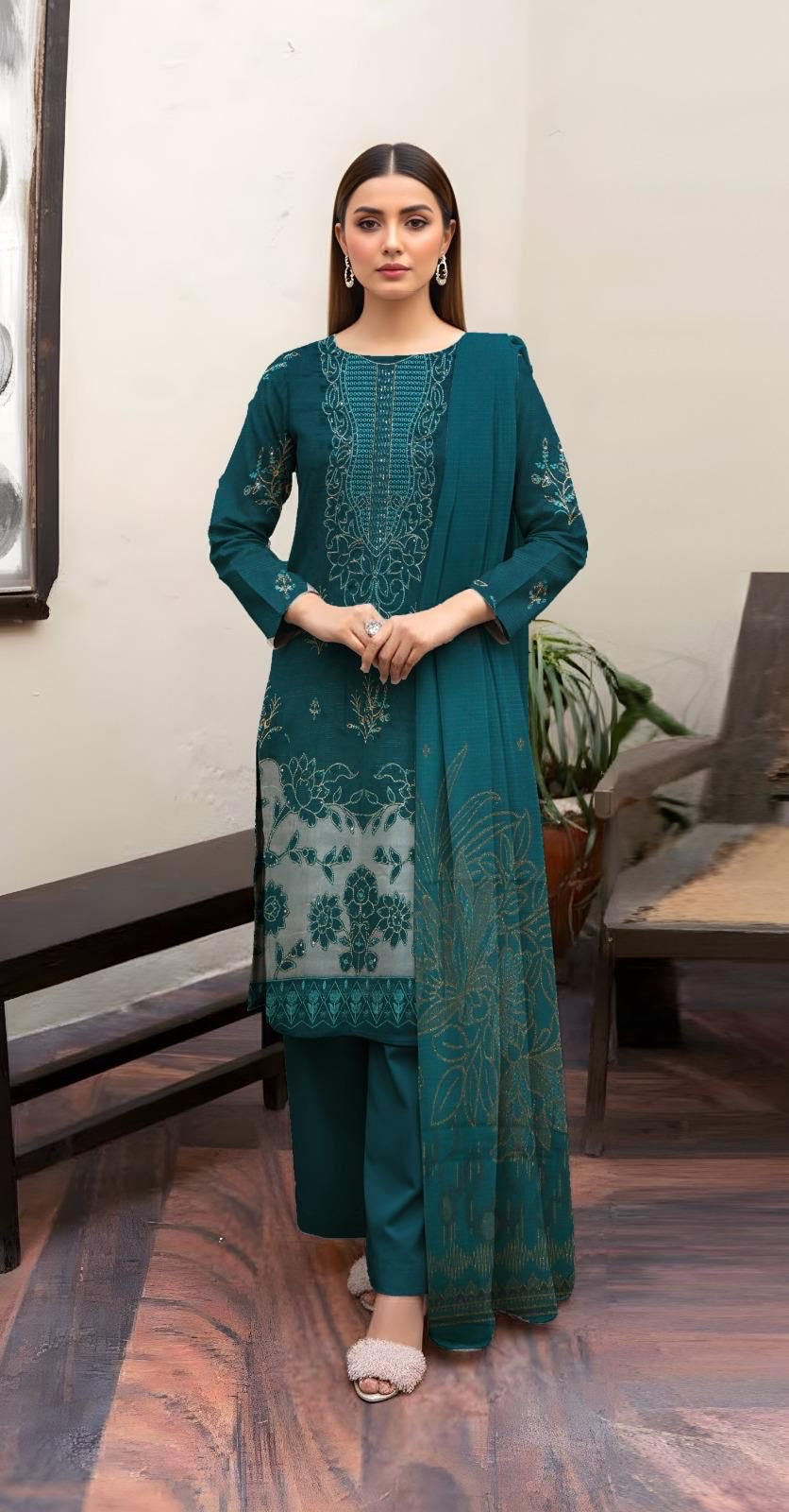 BAVLI BY ZIMAL TEXTILES SLUB VISCOSE EMBROIDERED UNSTICHED 3pc With Barosha Shawl SL-D03