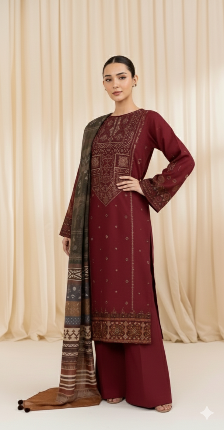 SAPHIRE-EMBROIDERED DHANAK 3pc Unstiched