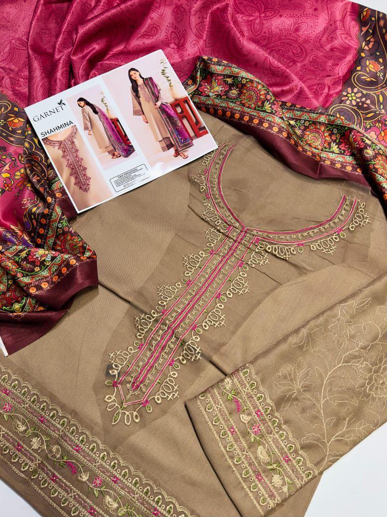 Garnet-DHANAK EMBROIDERED UNSTICHED 3pc (SL-1320)