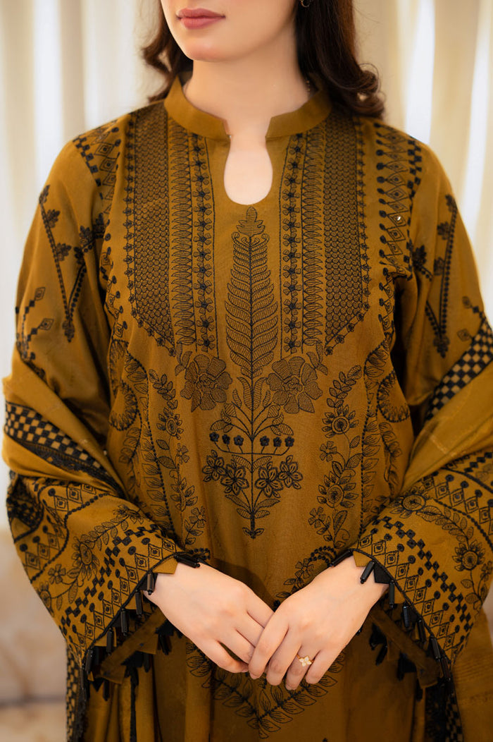 Libas Mustard Embroidered Dhanak Unstiched 3pc WITH EMBROIDERED DHANAK SHAWL (SL-1155)
