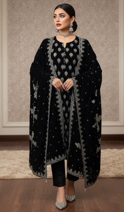 Maria B Luxury Embroidered Micro Velvet Unstiched 3pc Black (SL-2055)