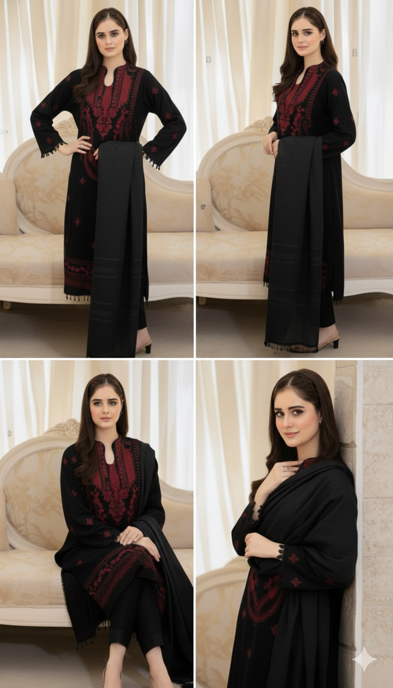 Libas Black HEAVY EMBROIDERED DHANAK UNSTICHED 3pc (SL-6213)