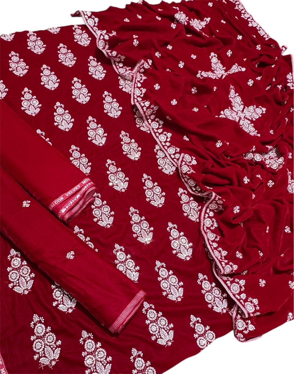 Maria B Luxury Embroidered Micro Velvet Unstiched 3pc Red (SL-3055)