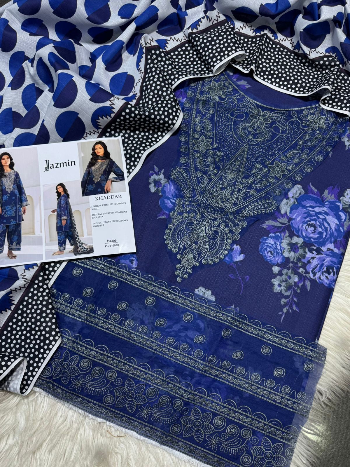 Jazmine Printed Embroidered Unstiched Khaddar 3pc (SL-3155)