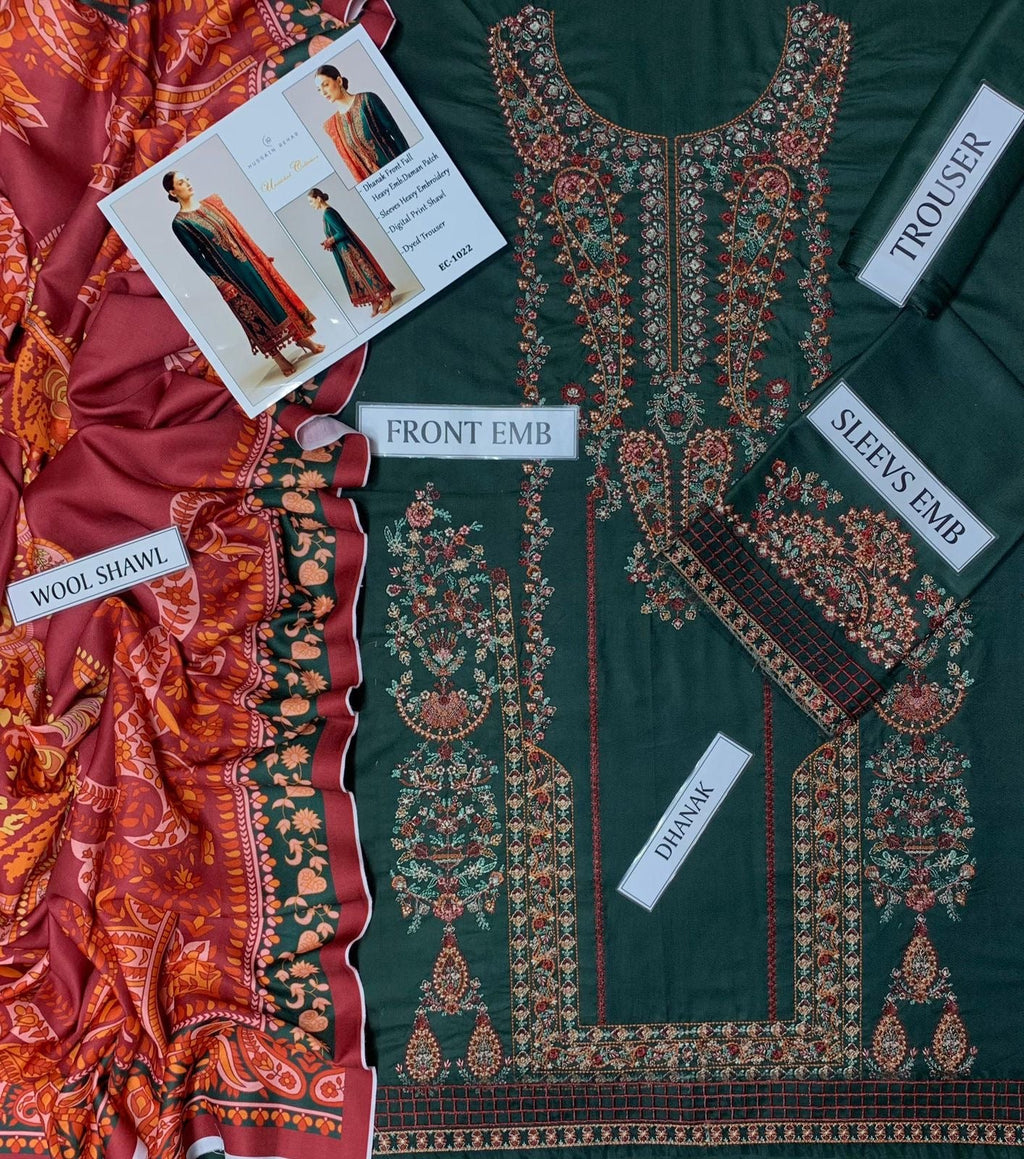 HUSSAIN REHAR UNSTICHED DHANAK EMBROIDERED 3pc (SL0455)
