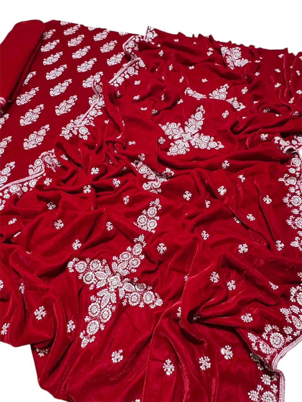 Maria B Luxury Embroidered Micro Velvet Unstiched 3pc Red (SL-3055)