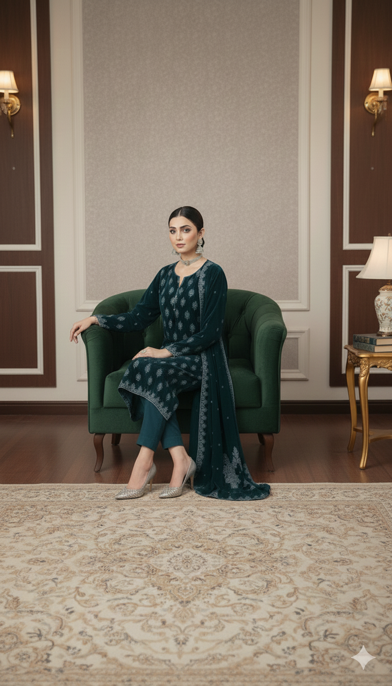 Maria B Luxury Embroidered Micro Velvet Unstiched 3pc Dark Zinc (SL-5055)