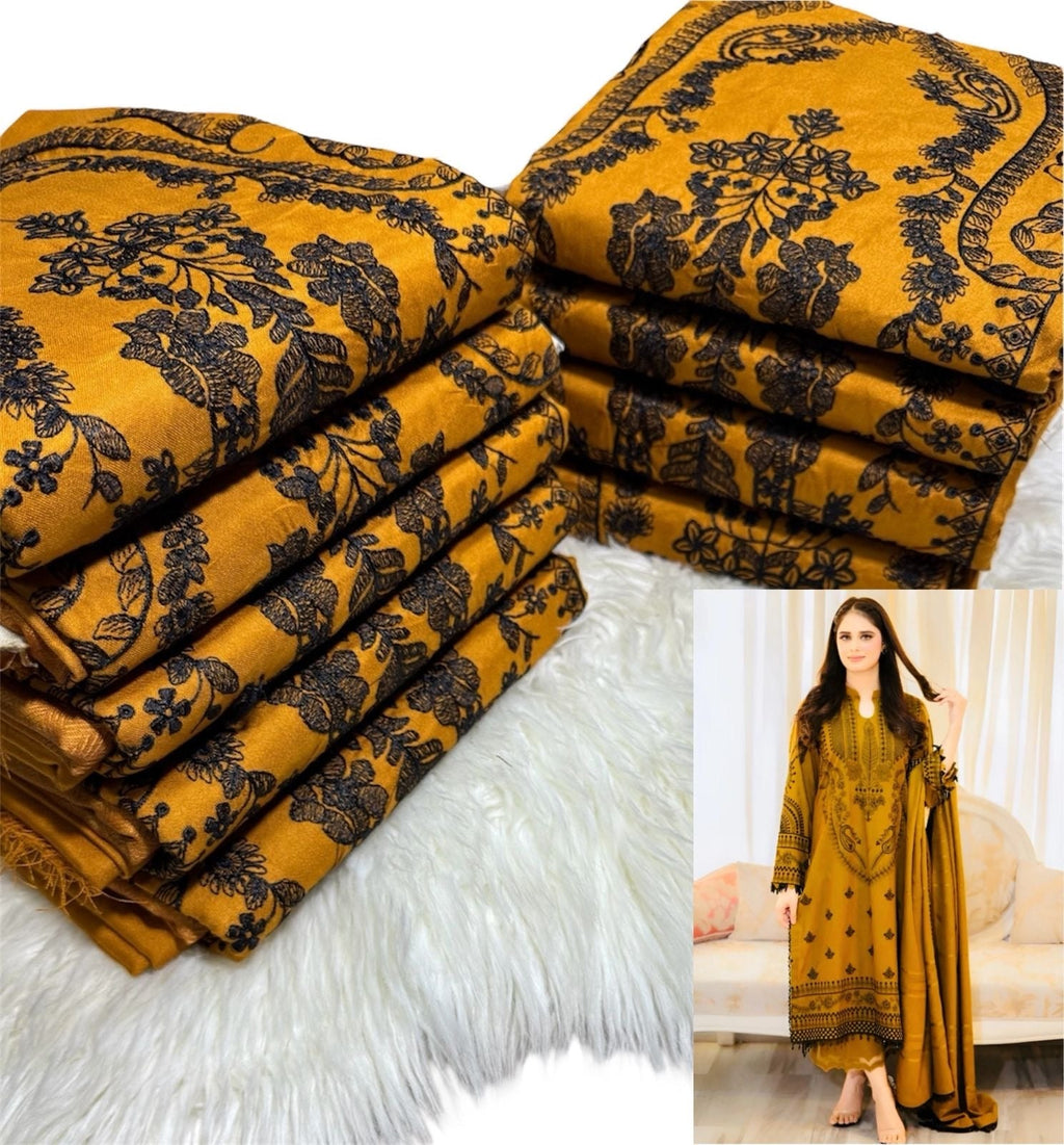 Libas Mustard Embroidered Dhanak Unstiched 3pc WITH EMBROIDERED DHANAK SHAWL (SL-1155)