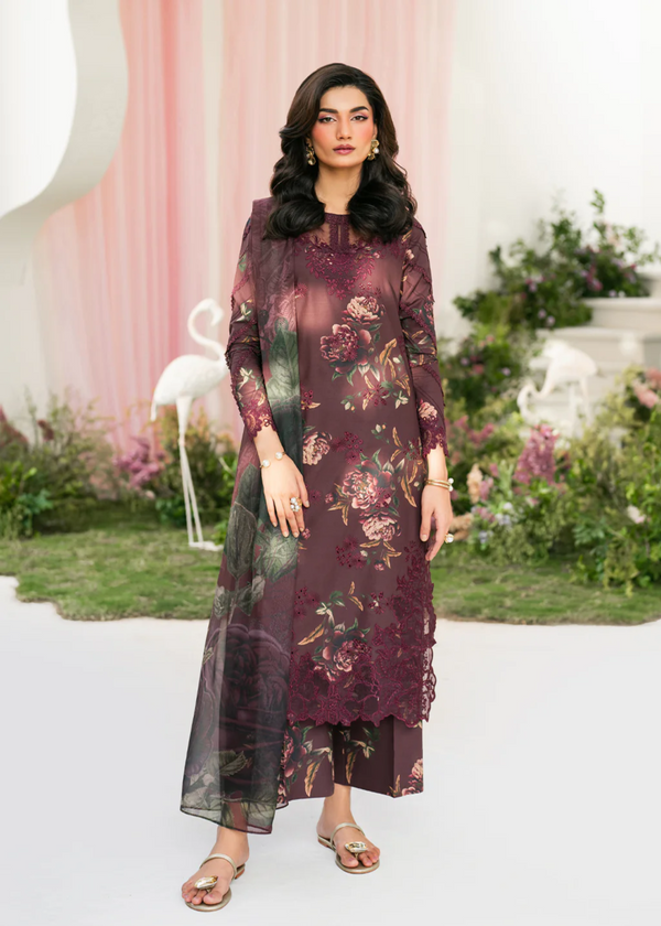 IZNIK BURGUNDY UNSTICHED KHADDAR PRINTED EMBROIDERED 3pc (SL-9055)