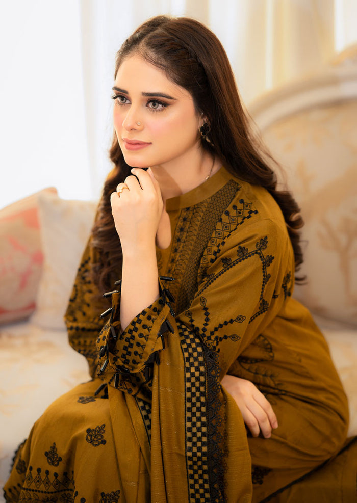 Libas Mustard Embroidered Dhanak Unstiched 3pc WITH EMBROIDERED DHANAK SHAWL (SL-1155)