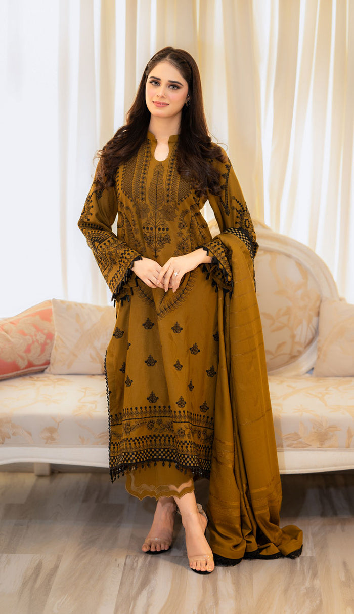 Libas Mustard Embroidered Dhanak Unstiched 3pc WITH EMBROIDERED DHANAK SHAWL (SL-1155)