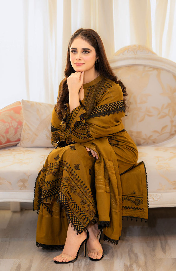 Libas Mustard Embroidered Dhanak Unstiched 3pc WITH EMBROIDERED DHANAK SHAWL (SL-1155)