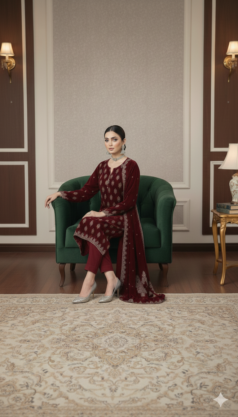 Maria B Luxury Embroidered Micro Velvet Unstiched 3pc Red (SL-3055)