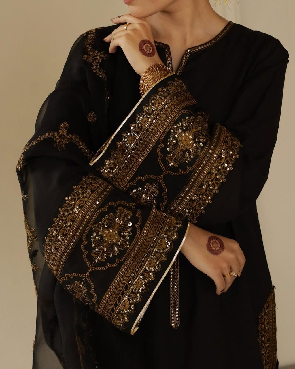 Zarysh Black 3 Piece Stitched Dress Close Up⁠