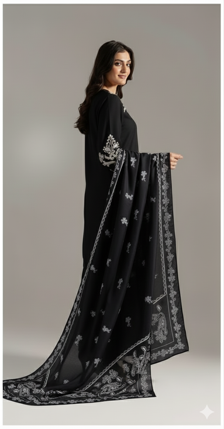 IZEL BLACK EMBROIDERED KHADDAR UNSTICHED 3pc