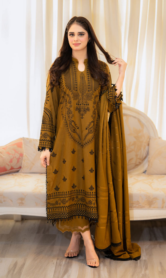 Libas Mustard Embroidered Dhanak Unstiched 3pc WITH EMBROIDERED DHANAK SHAWL (SL-1155)