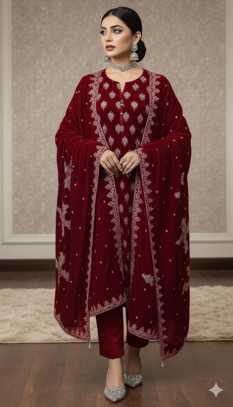 Maria B Luxury Embroidered Micro Velvet Unstiched 3pc Red (SL-3055)