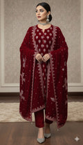 Maria B Luxury Embroidered Micro Velvet Unstiched 3pc Red (SL-3055)