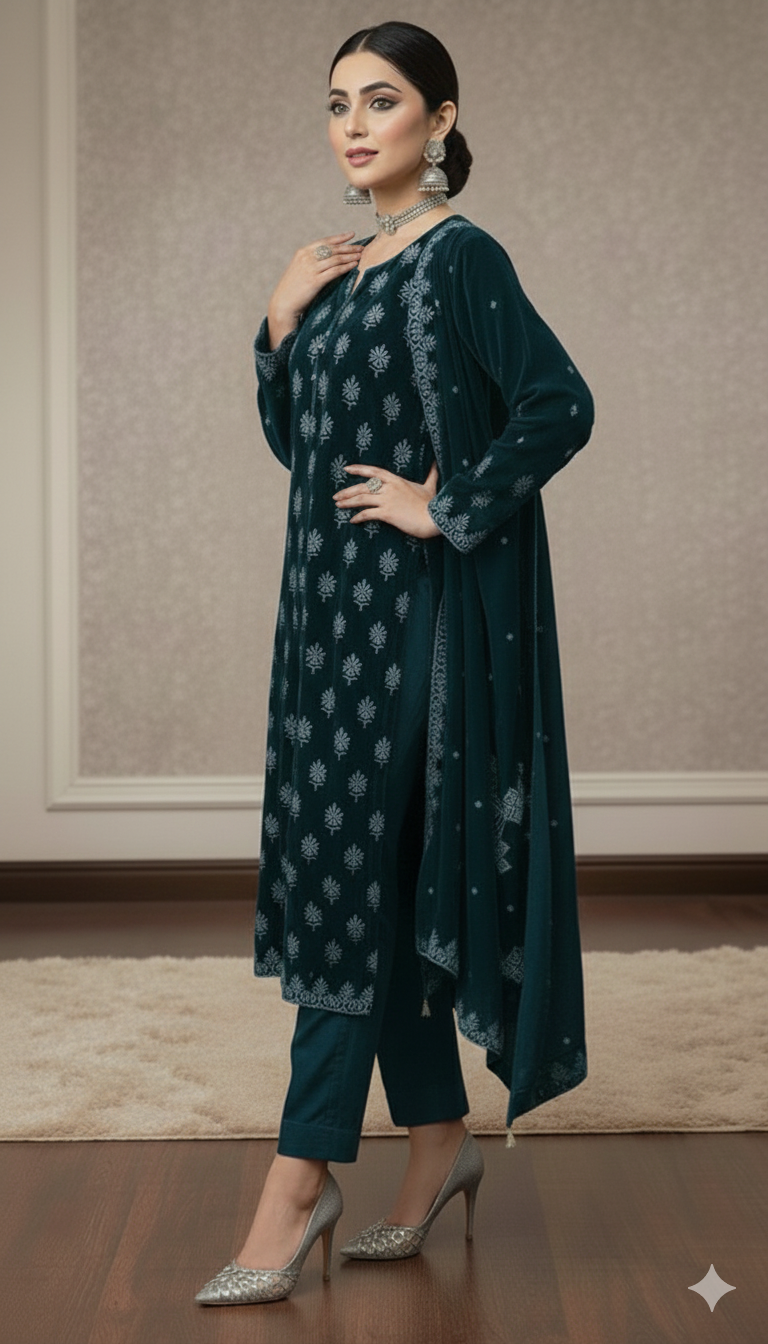 Maria B Luxury Embroidered Micro Velvet Unstiched 3pc Dark Zinc (SL-5055)