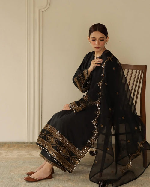 ⁠Zarysh Designer Black Embroidered Lawn Suit Side Angle⁠