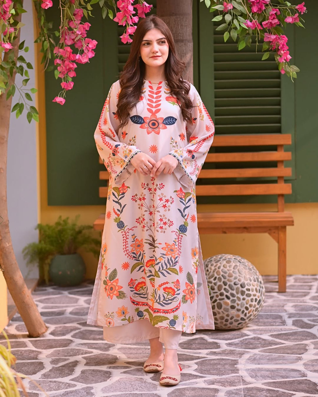 Women's Beige Floral Printed 2 Piece Kaftan | Premium Stitched Lawn Kaftan | Zarysh