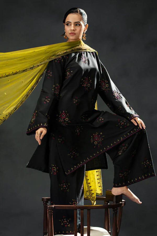 Women's Embroidered Stitched 3Pc Lawn Suit-Black | ZARYSH COLLECTION
