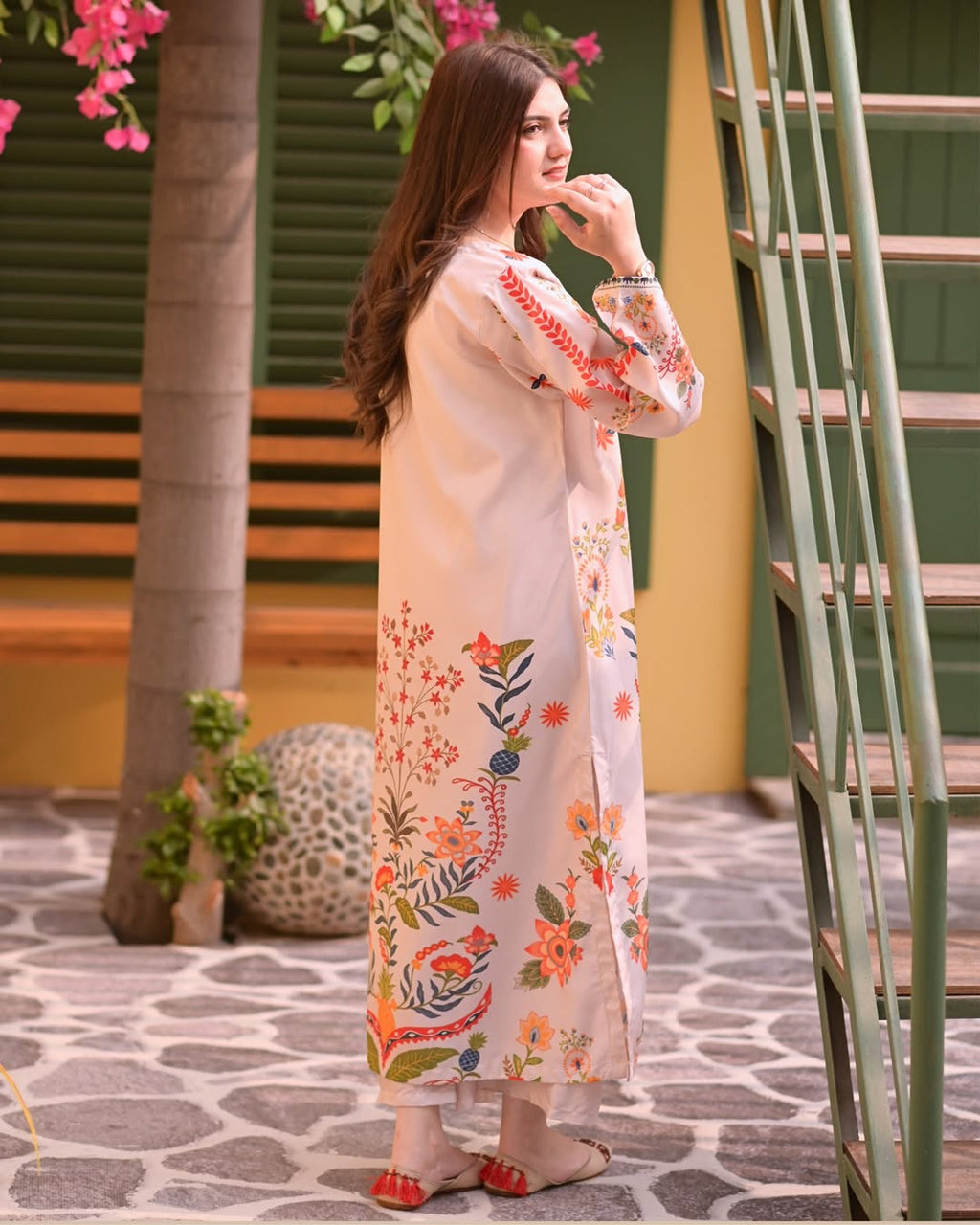 Women's Beige Floral Printed 2 Piece Kaftan | Premium Stitched Lawn Kaftan | Zarysh