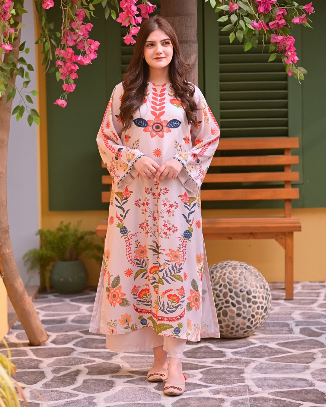 Women's Beige Floral Printed 2 Piece Lawn Kaftan by Zarysh – Front View