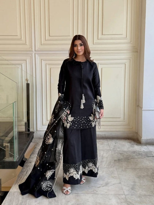 Luxury Black Embroidered 3 Piece Stitched Suit for Women by Zarysh Pakistan