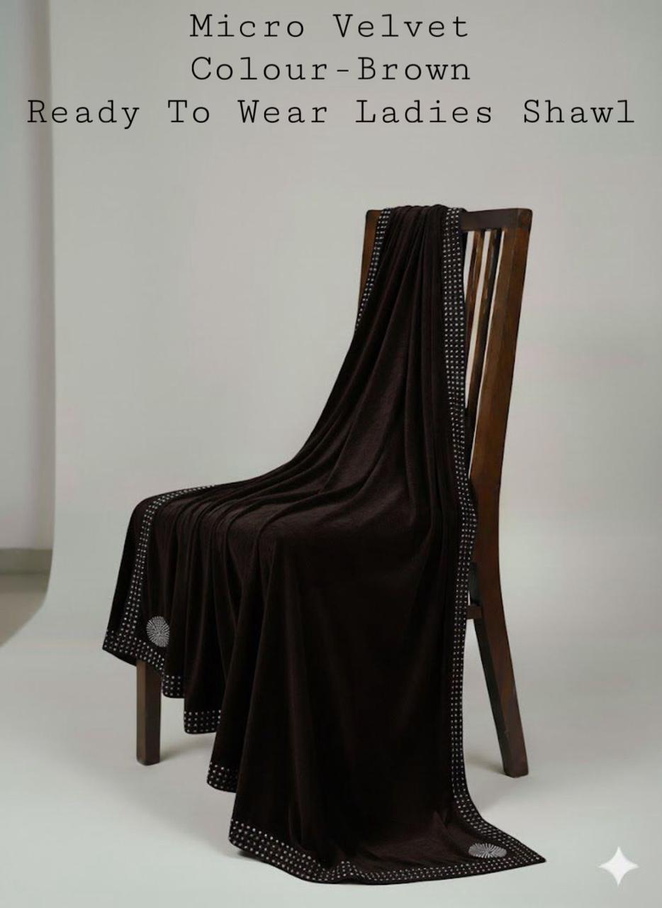 LADIES MICRO VELVET STONE WORK SHAWL (BROWN)