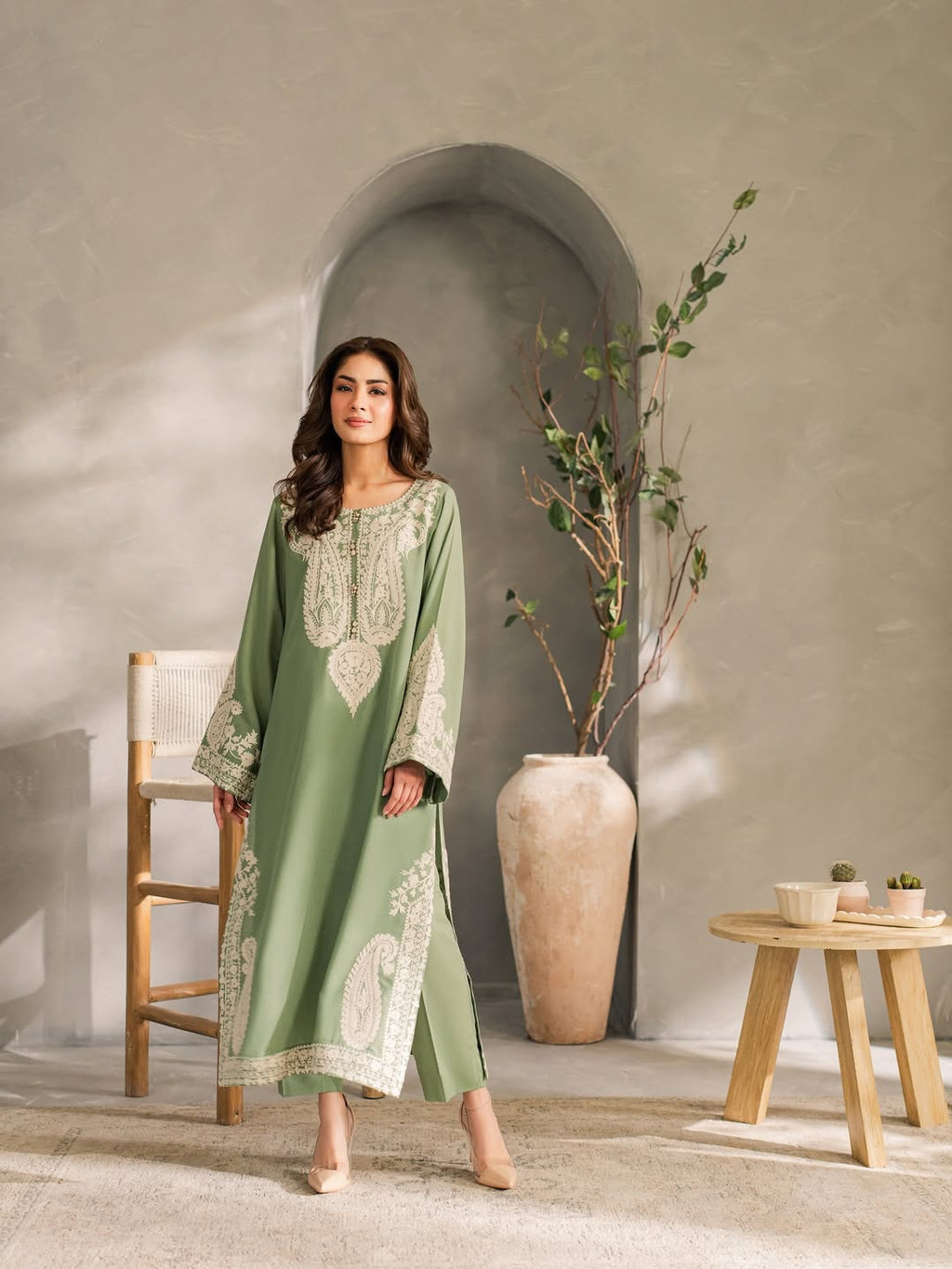 Premium Embroidered Lawn 3 Piece Stitched Suit Front View Sage Green