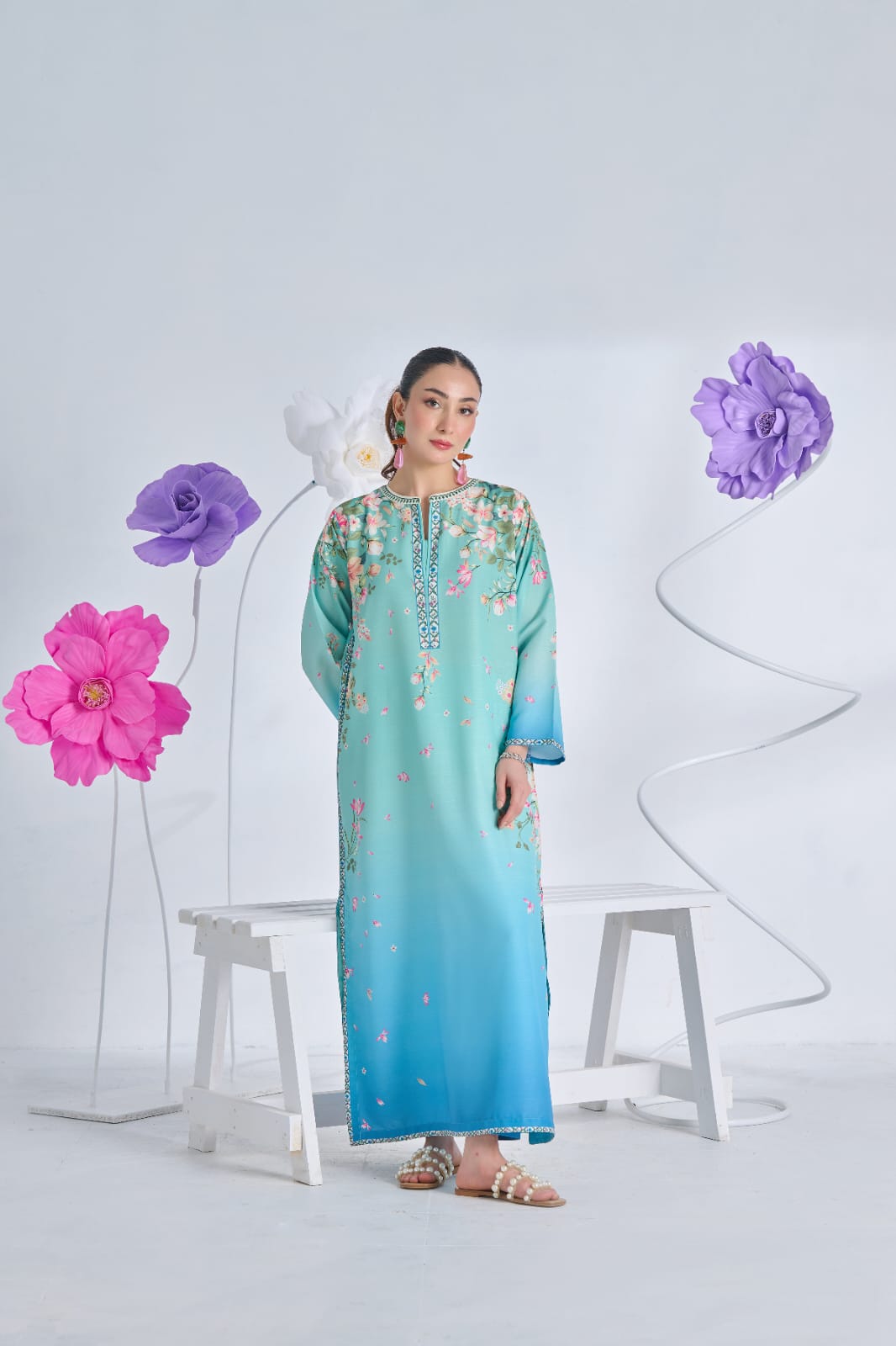 Aqua Blue Floral Kaftan Style Women's Suit