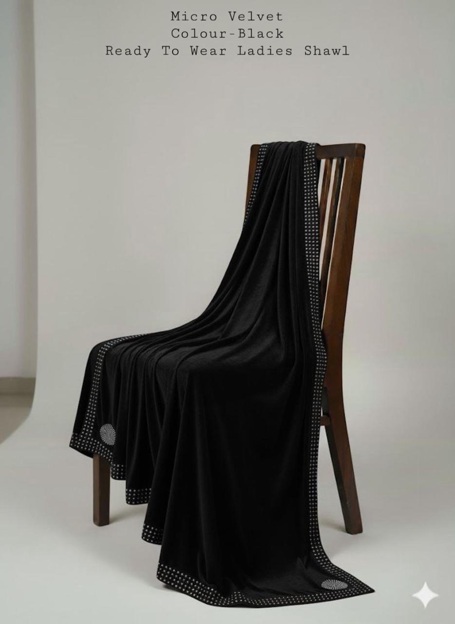 LADIES MICRO VELVET STONE WORK SHAWL (BLACK)