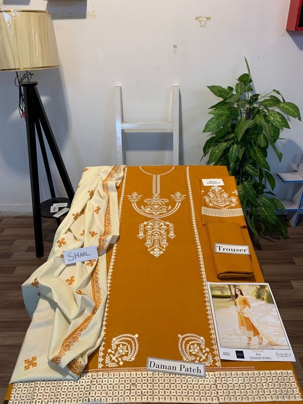 LIBAAS EMBROIDERED DHANAK UNSTITCHED 3PC WITH EMBROIDERY DHANAK SHAWL