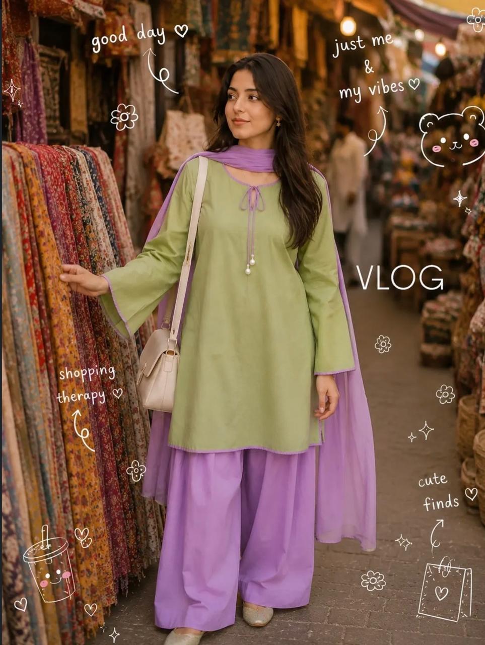 Model walking through a market wearing the viral Zarysh ready-to-wear lawn collection in green and purple, carrying a white handbag.
