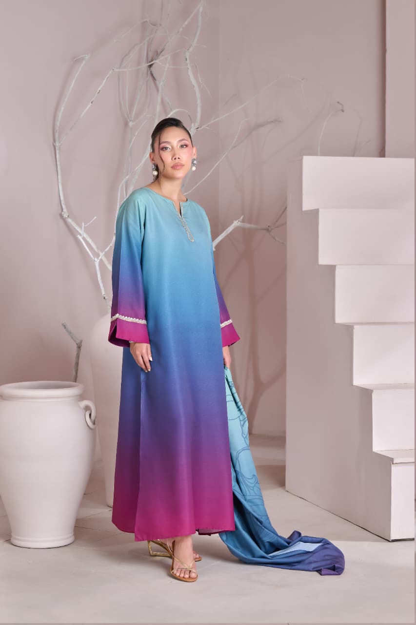 Premium Printed Crepe Silk 3 Piece Stitched Suit Front View Blue Magenta